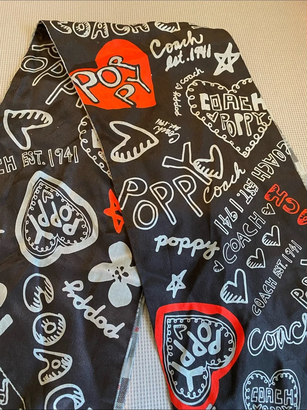 Coach Black Scarf with Red and White Poppy Graphics